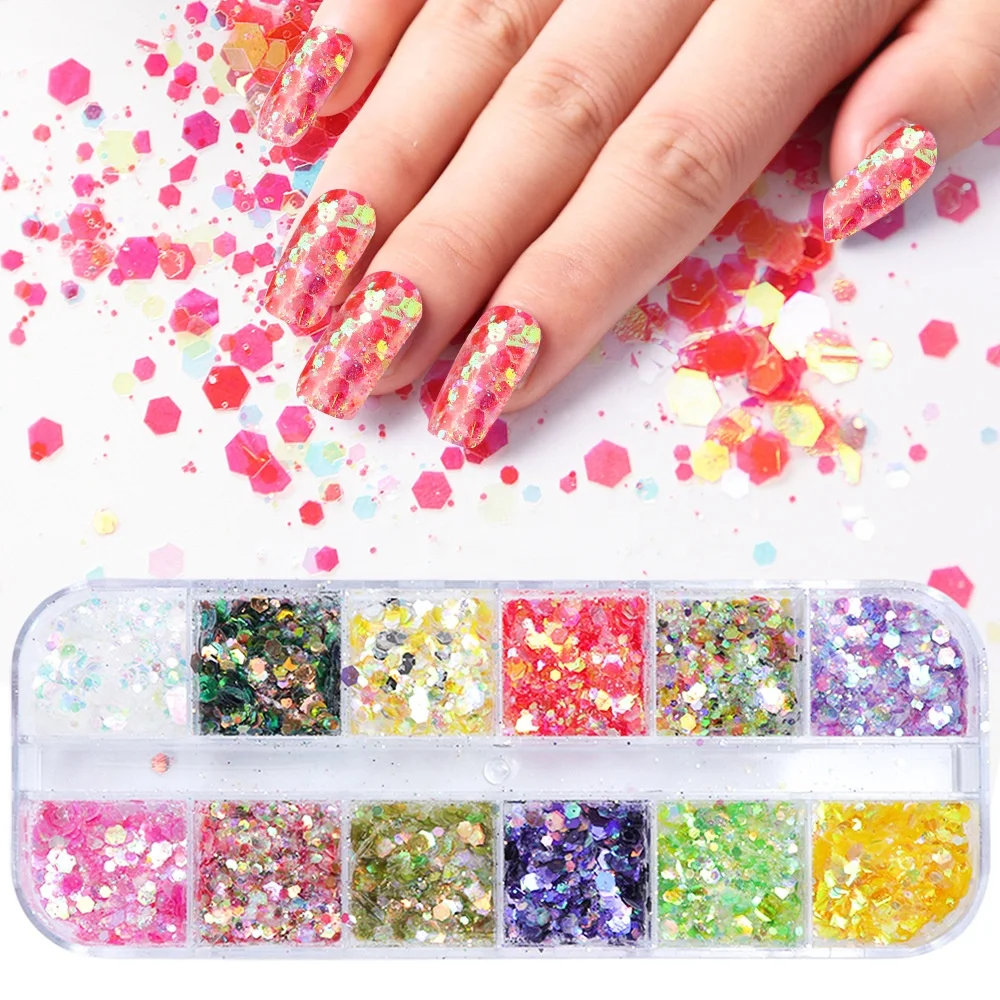 

12 Grids Mixed Nail Glitter Mirror Sugar Sequin Powder for UV Gel Flakes Manicure Tips Nail Art Mermaid Pigment, 12 colors