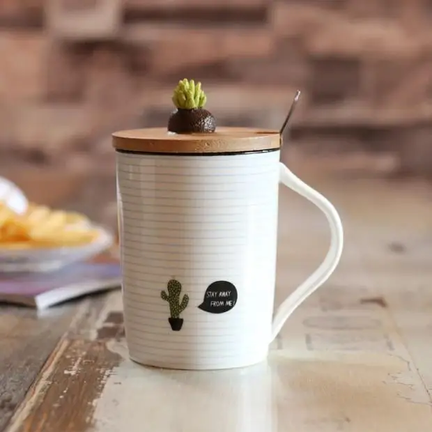 

HT300002 Cactus ceramic cup cartoon plant mug with bamboo lid stainless steel spoon coffee mug breakfast cup, Refer to pictures