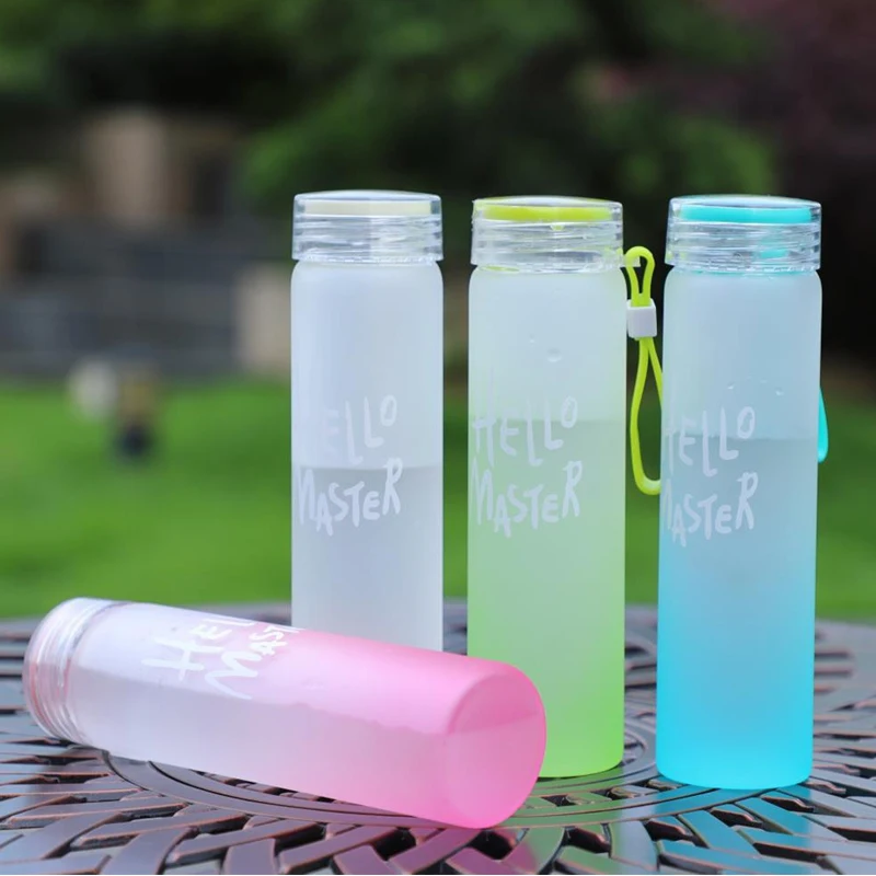 

amazon top seller hello master Wholesale candy color frosted glass logo water bottle for water or juice with nylon sleeve
