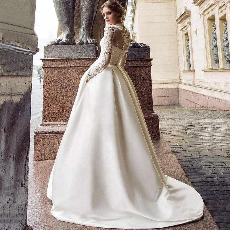 

Elegant Short Tail Ivory Long Sleeve Satin Wedding Dresses With Pocket, Ivory/white