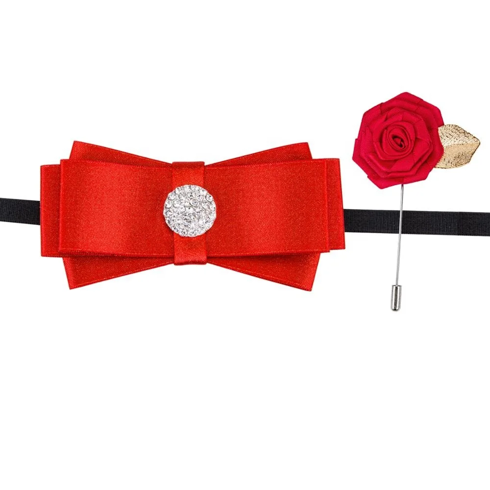 

Free Shipping Fashion Crystal Mens Red Flower Lapel Pin And Bow Tie Ribbon