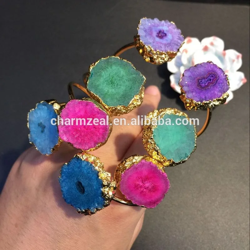 

CZ-B0176 Gold Plated natural druzy agate Bangle, Quartz Adjustable Bracelet, N/a