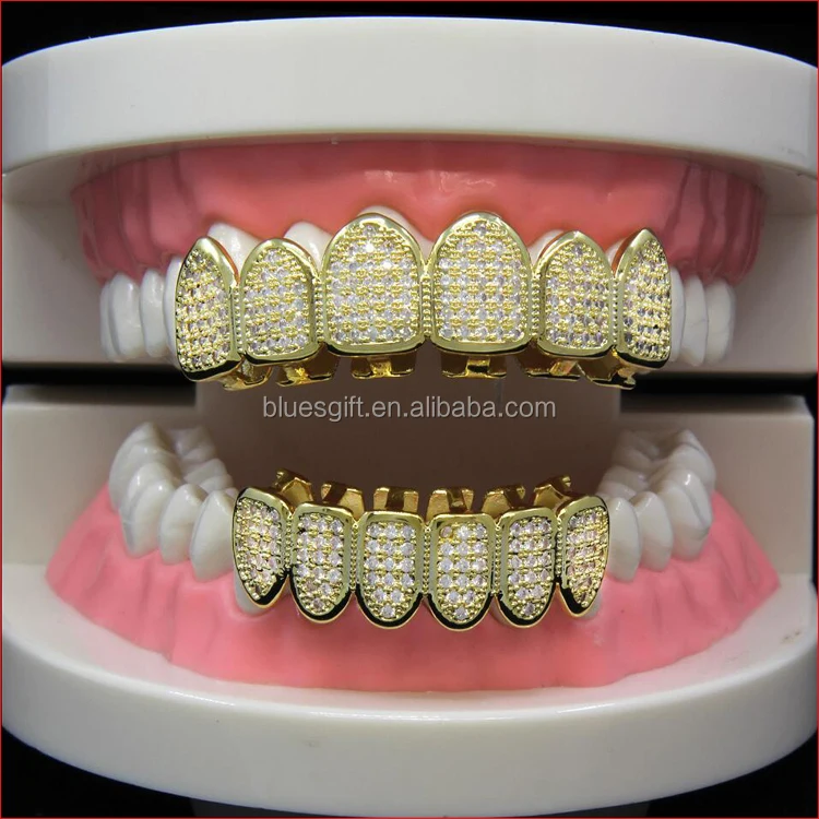

Shining Iced Out AAA Zircon Hip Hop gold plating Teeth Grillz TG126-G2, Silver,realll gold