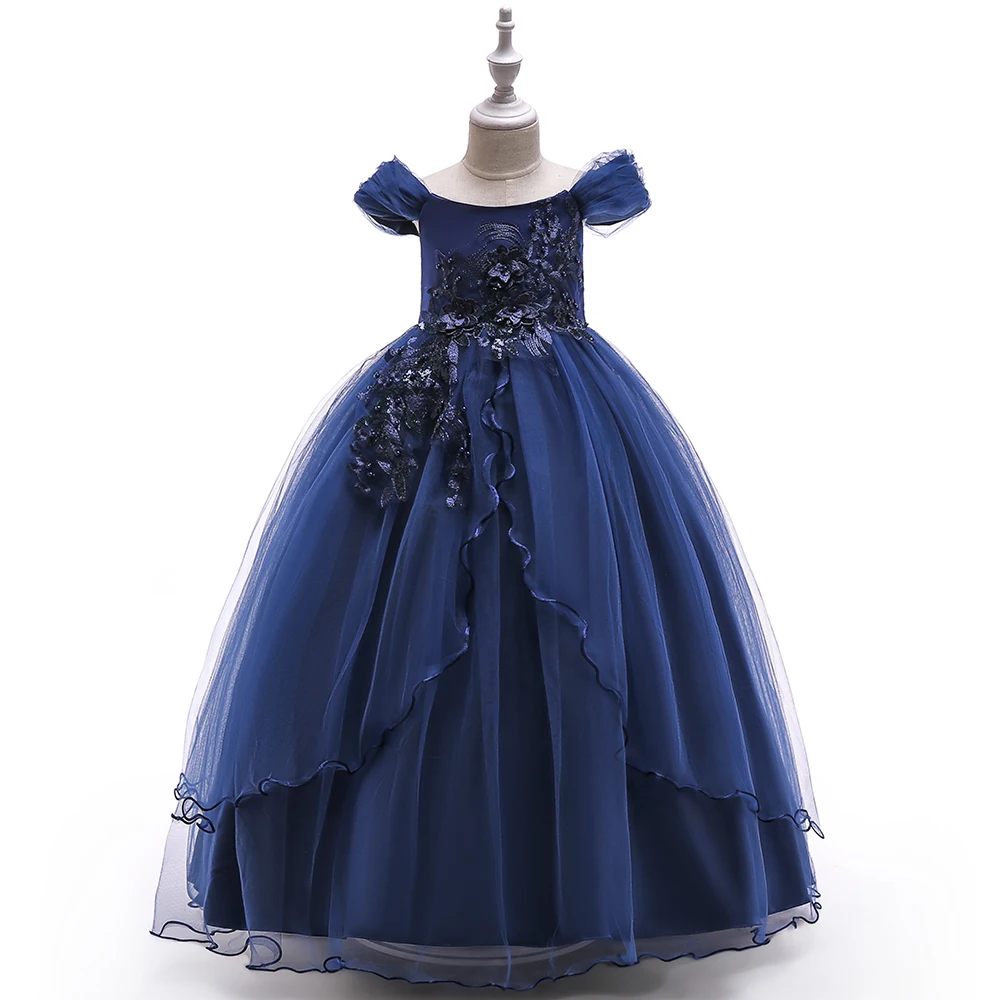 

Wholesale Long Party Gowns Floral princess Flower Girl Tulle Birthday Dress 2-12 years LP-213, Red;blue;pink;champagne