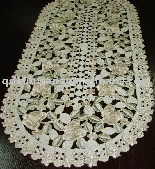 
full embroidered satin table runner with cutwork 
