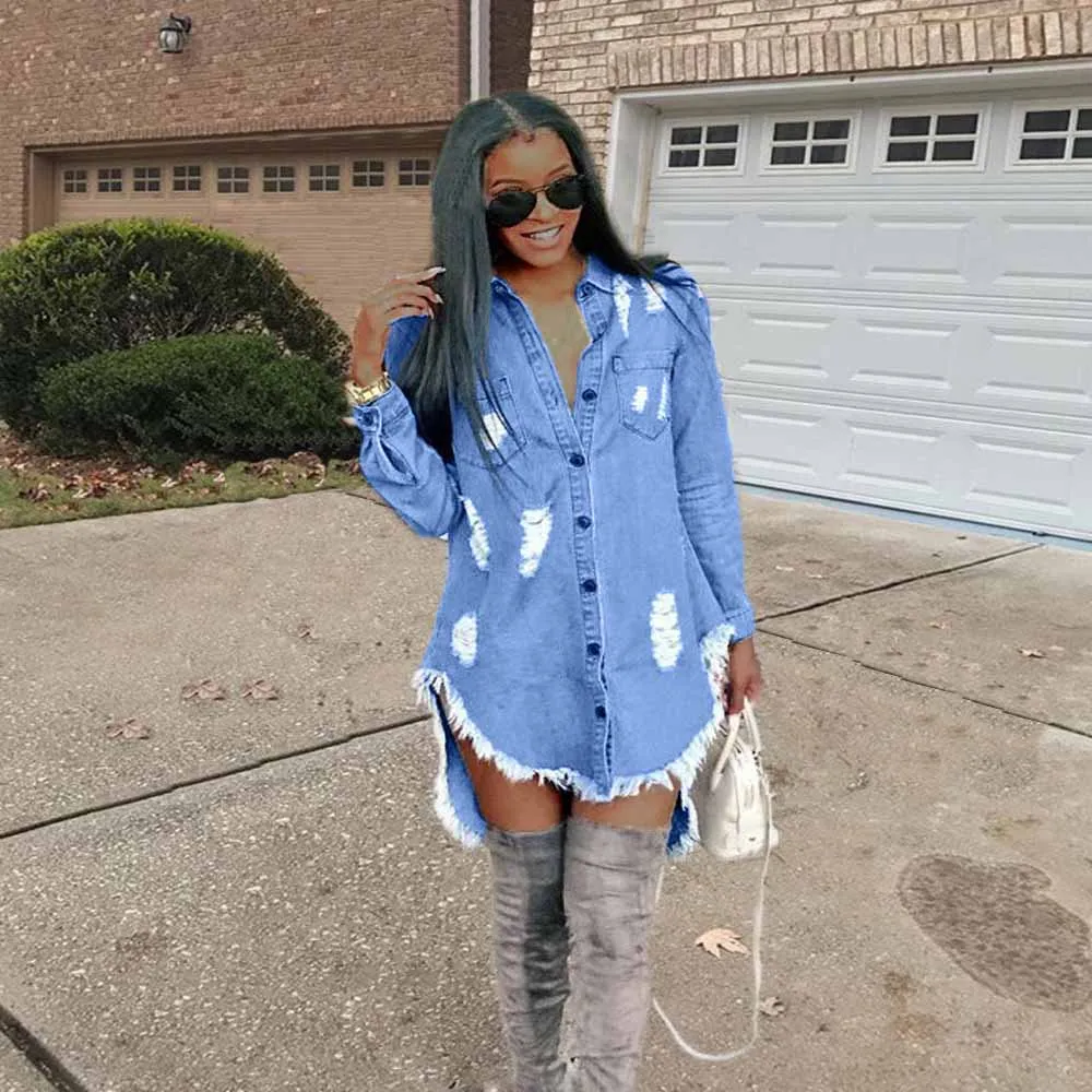 

Shredded Tassel Irregular Denim Casual Shirt Dress Women, Light blue