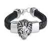Men's Black Bangle Braided Genuine Leather Stainless Steel Lion Head Bracelet