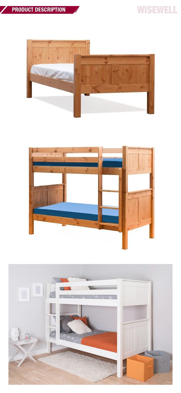 W-B-0083 solid wood adult double bunk bed