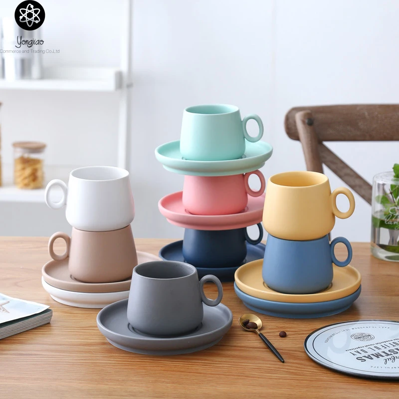 

porcelain tea coffee cup and saucer with logo wholesale, Green;yellow;pink;deep blue;light blue;grey;brown;white