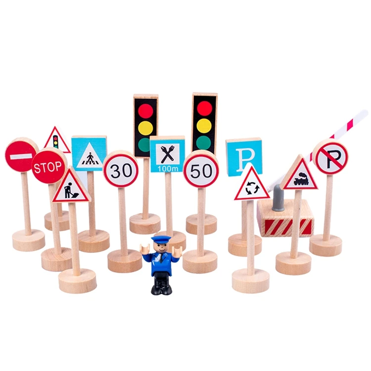 15 Pcs Children Educational Wooden Montessori Blocks Security Cognitive Road Traffic Signs Toy
