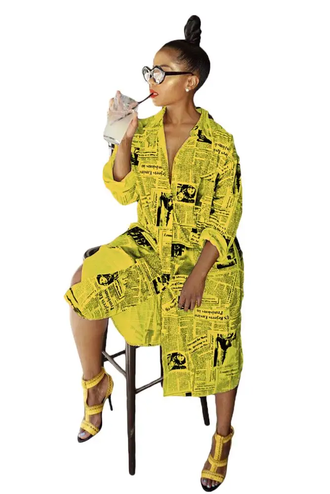 
New Arrivals Spring Fashion Women Casual Turndown Collar Single Breasted Newspaper Pattern Print Tunic Shirt Dress 