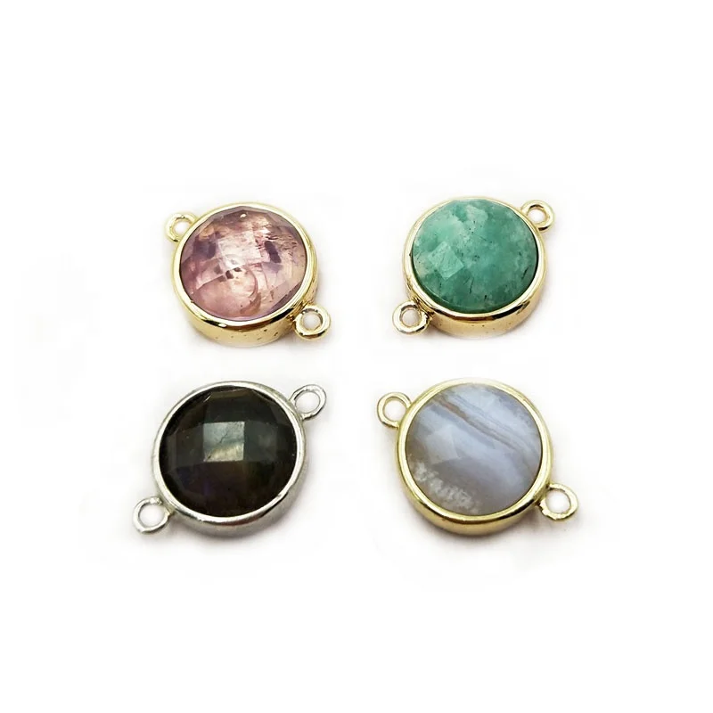 

Bezel Setting Natural Round Amazonite/Fluorite/Onyx/Lace Agate Gemstone Connectors Delicate Frame Faceted Connector Jewelry, Multi colors