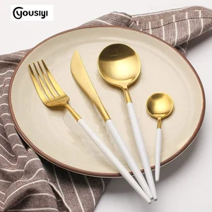 Image of White handle gold Matte polish Stainless Steel Flatware Cutlery Set for Wedding,restaurant,hotel
