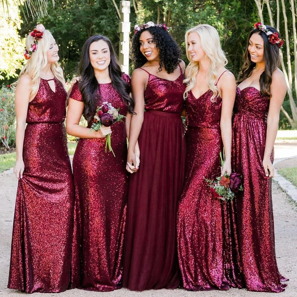 Burgundy Sequin Bridesmaid Dress Mixed Up Gowns Maid Of Honor Dresses ...
