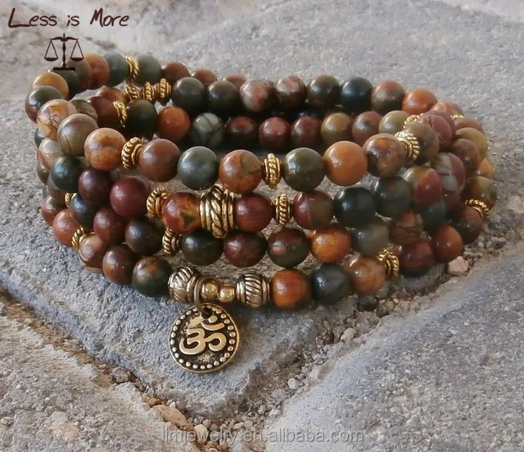 

108 bead 8mm Picasso jasper yoga mala necklace or bracelet with gold 3d OM charm