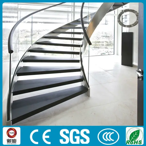 Curved Double Stainless Steel Stringer Stairs With Solid Wood Tread And