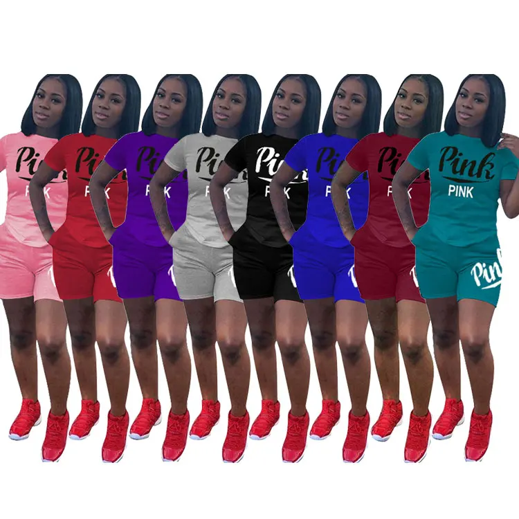 

Wholesale M869 Clothes Women Fashion 2019 Summer Short Sleeves PINK printed shirt and pants Set 8 colors