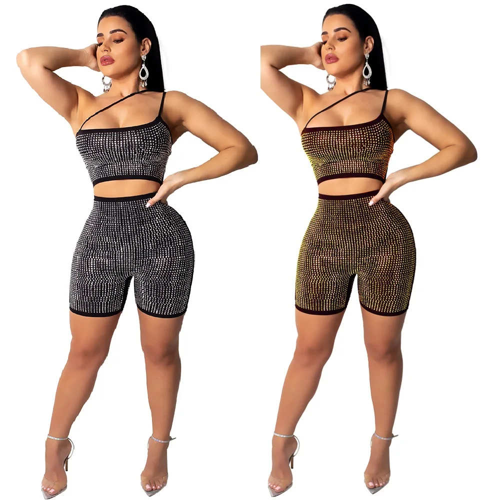 

W1021 women fashion sexy one shoulder hollow out rhinestones skinny club jumpsuit