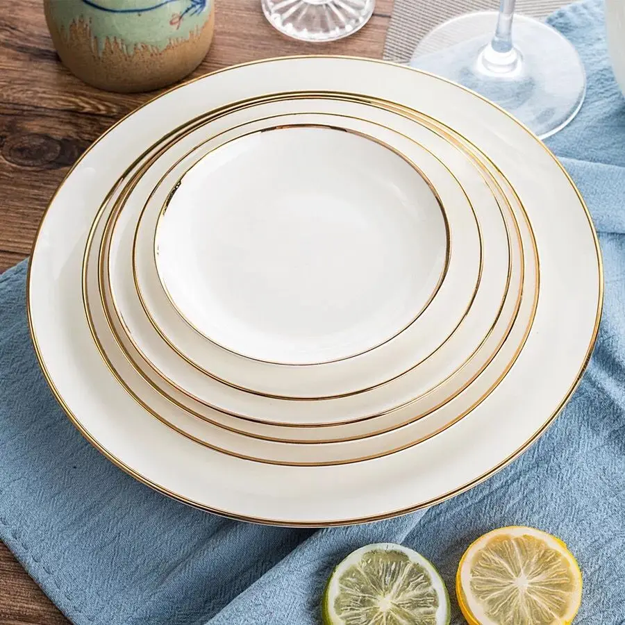 

Round Golden Rim Ceramic Tableware Bone Dinnerware Kitchen Plate Set With Gold Line Western Plate Circular Disc White Plates, Picture