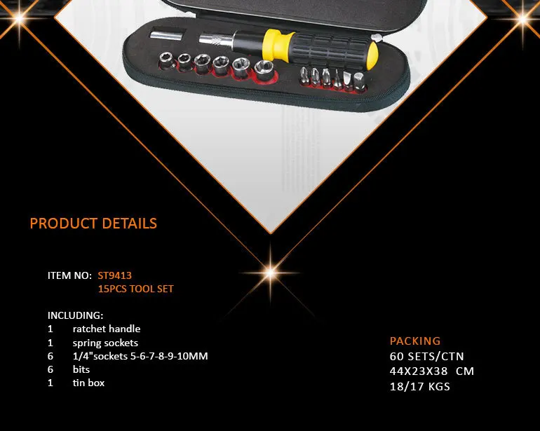 15pcs Cheap Tool Boxes Hand Tool Set,Kraft Tin Box Rachet Socket Wrench