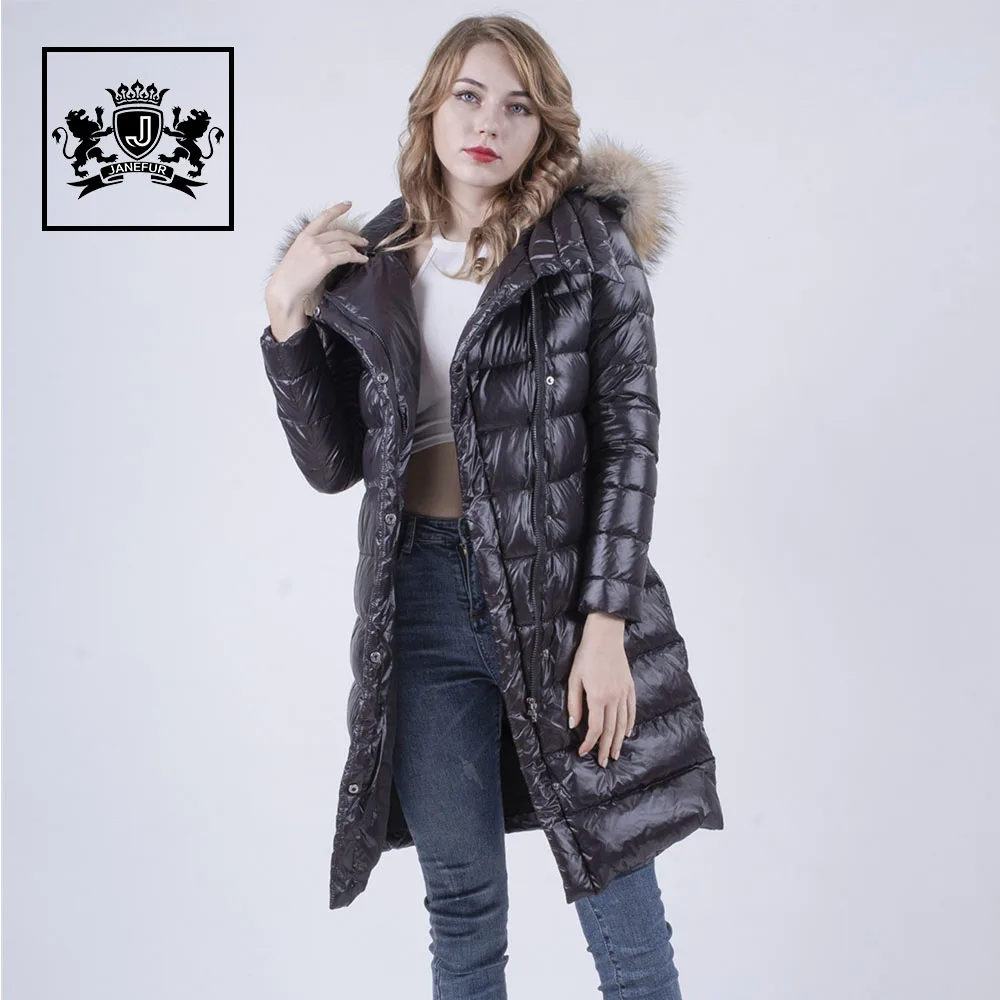 

woman raccoon fur collar black down jacket wholesale long goose down coat