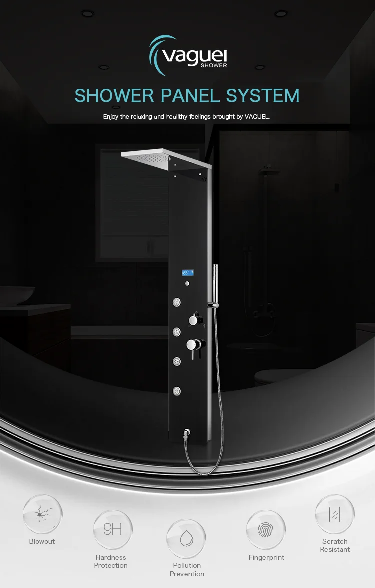 LED digital black body jets botton glass shower panel with temperature control