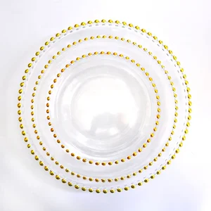 Image of Wedding clear glass gold beaded 13 inch charger plates, dinner plate