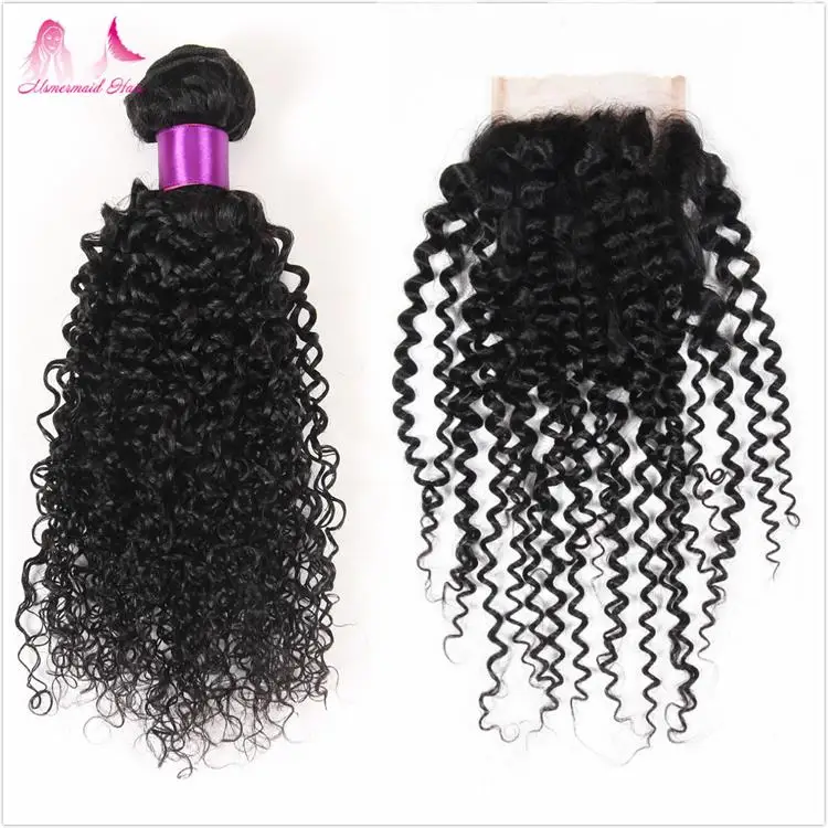 

wholesale price kinky curly malaysian hair natural color double drawn human hair bundles with 4*4 lace closure, Natural color 1b