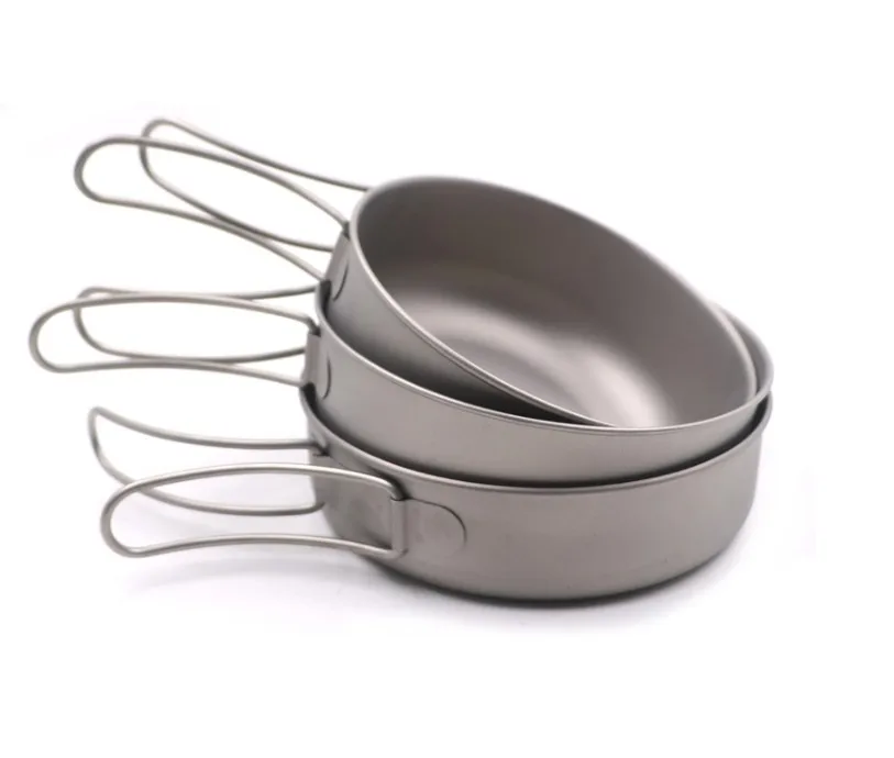 

Leatch 3-Piece Set Titanium Bowl Set Outdoor Camping Pan Folding-handle Cookware Pot, Tianium