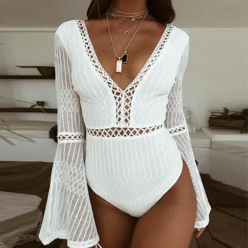 

Clothing Factory Custom Long Sleeve white Lace up Transparent Lingerie Bodysuit Women Sexy Bodysuit