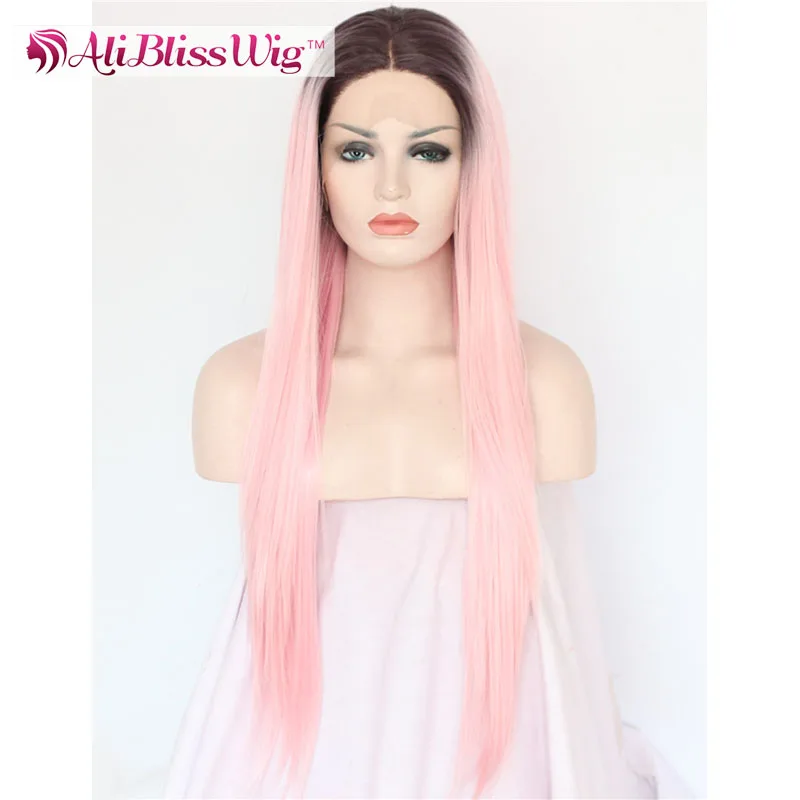 

24 Heat Resistant Fiber Non-virgin Long Straight Synthetic Hair Middle Parting Two Tone Color Pink Ombre Lace Wig for Women