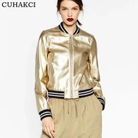 

CUHAKCI Spring Autumn Women Street Style Slim Jacket Side Pocket Casual Shaping Zipper Coat Metallic PU Bomber Jackets