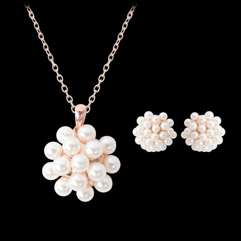 

Gold White Pearl Flower Shape Prevailing Simple Style Gold Plated Pendant Necklace Earrings Jewelry Sets for Women