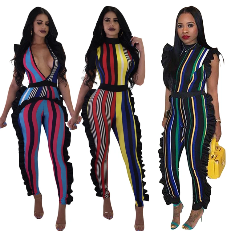 0625M0261 fashion sleeveless ruffle  sexy woman bodycon stripe jumpsuit rompers