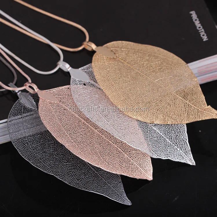 

New Arrival Fashion Long Chains Gold Real Natural Leaf Pendant Necklace