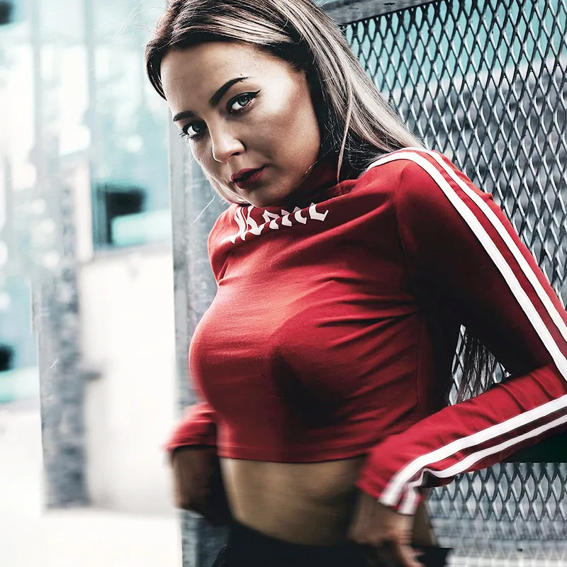 

hot designs lady long sleeve red black blouse clothing women sports crop top