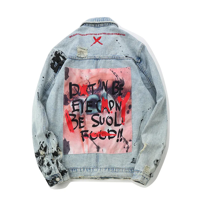 

New Arrival Men Jeans Jacket With Embroidery Logo, Distressed Denim Jacket With Printed Graffiti, As picture