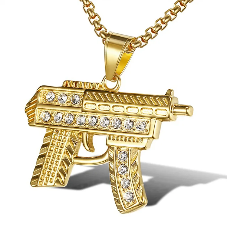 

Fashion Men 24 Inch Iced Out 18k Gold UZI Gun Pendant Necklace, 18k gold, silver