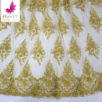 

Gold sequin lace fabric luxury french lace fabric pretty flower embroidery tulle fabric with beads HY0993-7