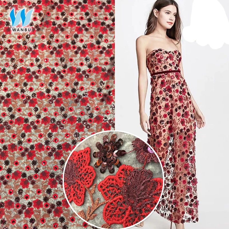 Polyester Yarn Bridal Floral Sequin Net Embroidery garment accessories Lace Fabric