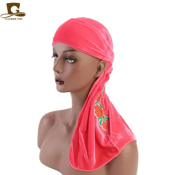 Wholesale New Amazon Velvet Do Rags Embroidery Flower Pattern Dorag Muslim Headwrap Bulk Rags ...