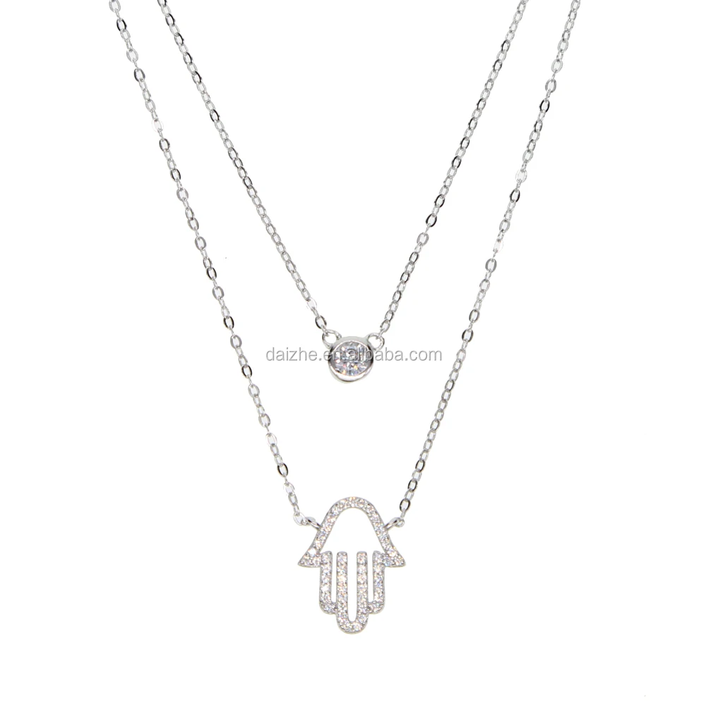 

high quality wholesale 100% 925 sterling silver hand hamsa with bezel cz pendant layer necklace for women wedding jewelry