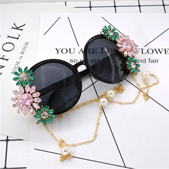 

Wiipu Baroque Colorful Rhinestone Flower Retro Sunglasses Women UV Sunglasses