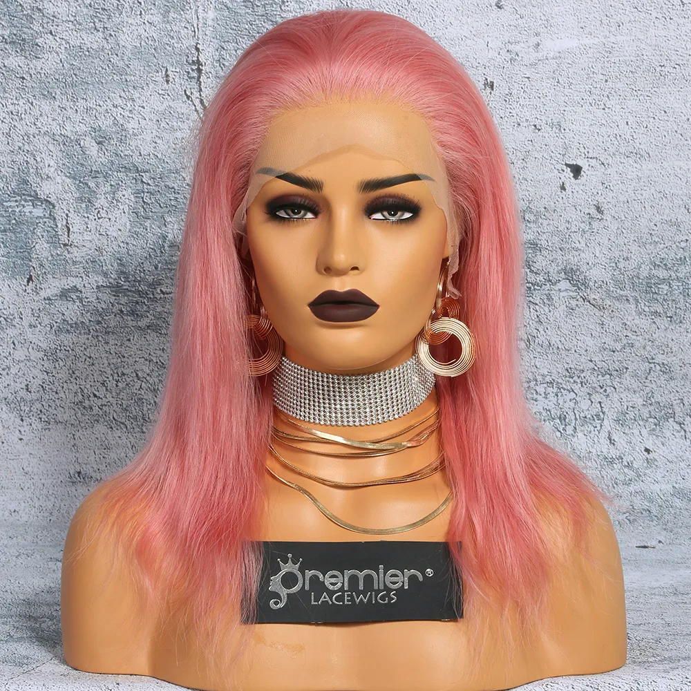 

Cuticle Aligned Virgin Chinese Human hair colored full lace wigs short 12 inch to long 24 inches Silky Straight Pastel Pink Wig