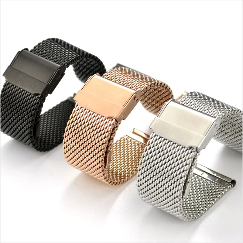 

Ready stock 18\20\22\24MM Stainless Steel Watch Straps wrist band watch Rose gold silver black 1.0mm Watchband Universal