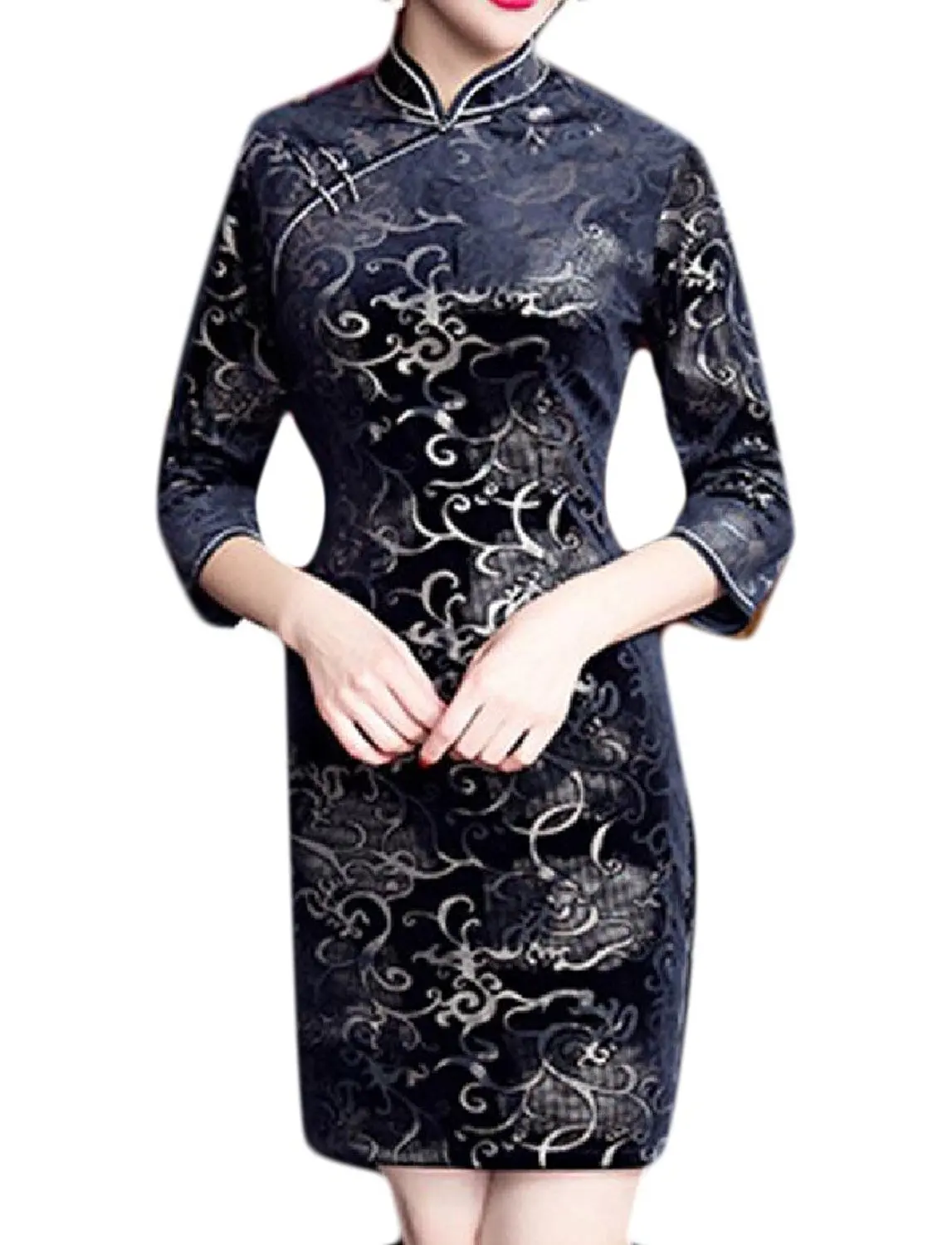 Abetteric Women's Velvet Floral Print Chinese Stand Collar Cheongsam Dress