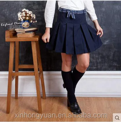 custom fashion English style navy blue cotton school girl bowknot pleated skirt