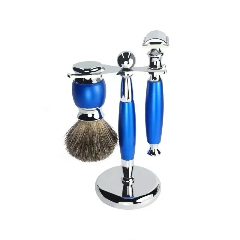 Jdk Modern Blue Men Shaving Grooming Set 3 In 1 Pure Badger Hair Brush
