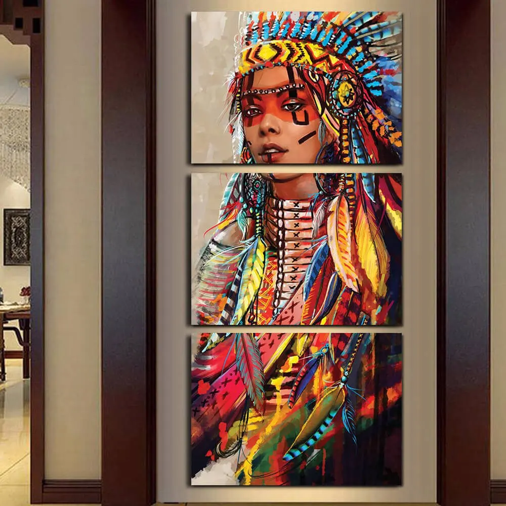 Canvas Wall Art Poster HD Printed For Living Room Home Decor 3 Pieces Native American Indian Girl Paintings Feathered Pictures