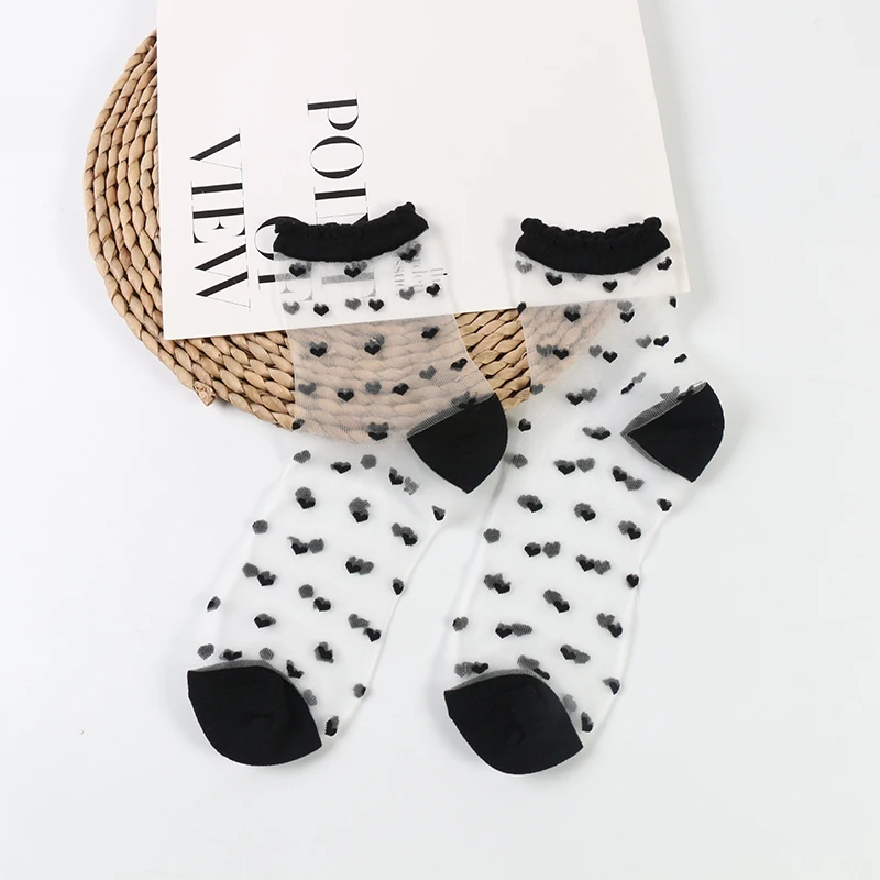 

Summer Lace Crystal Glass Silk Short Thin Women Transparent Socks, Black, white, purple, pink, blue